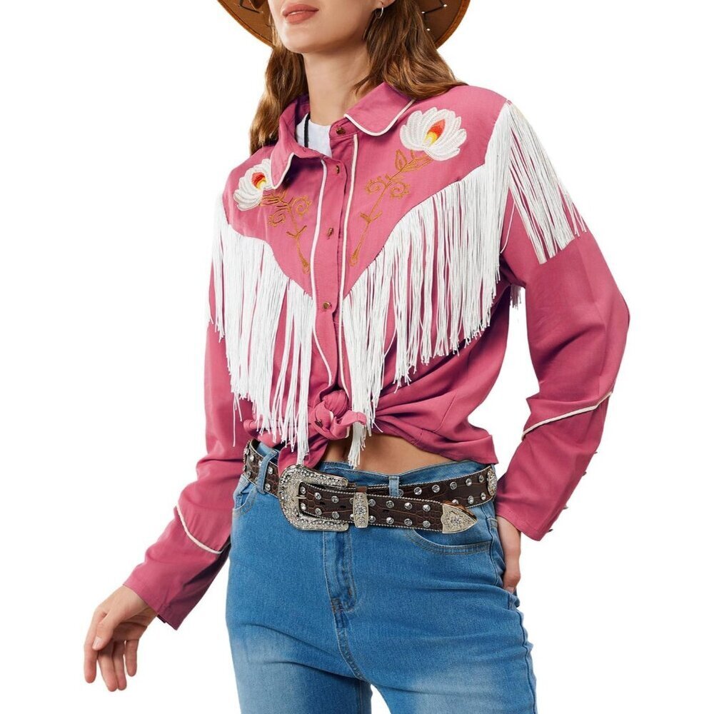 Women's Pink Floral Embroidered Fringe Western Rodeo Button Down Blouse Tops - Picture 1 of 5
